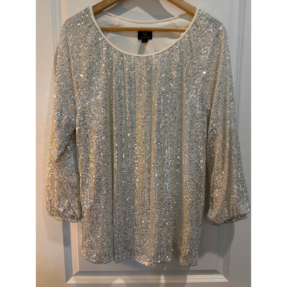 JM Collection Women Large White Iridescent Sequin 3/4 Sleeve Blouse Party Top